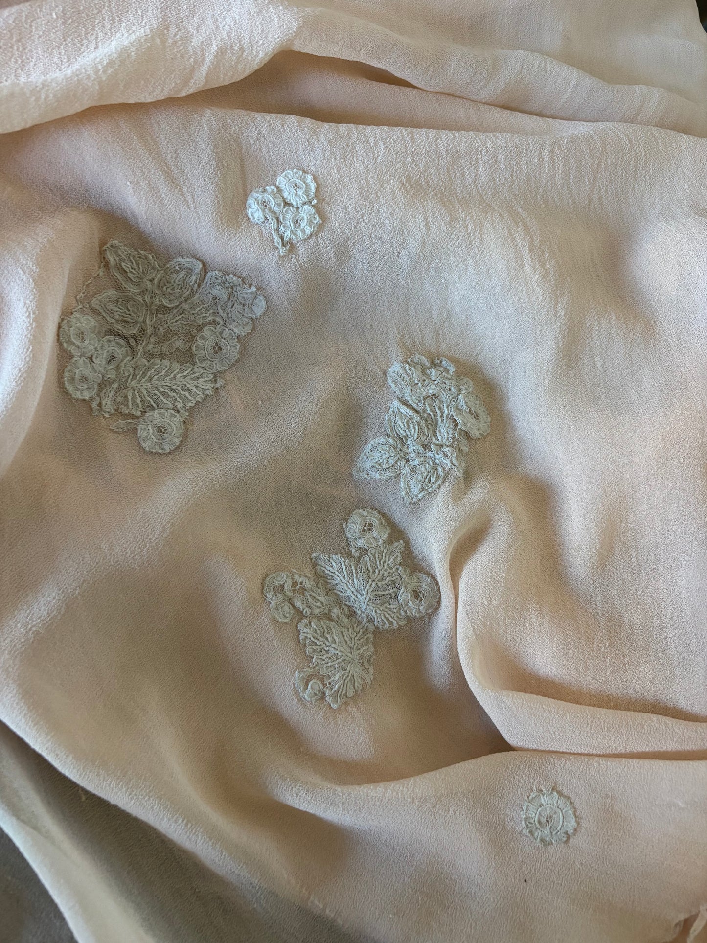 Special 1930s Hand Stitched Bishop Sleeve Chiffon Appliqué Bias Cut Gown