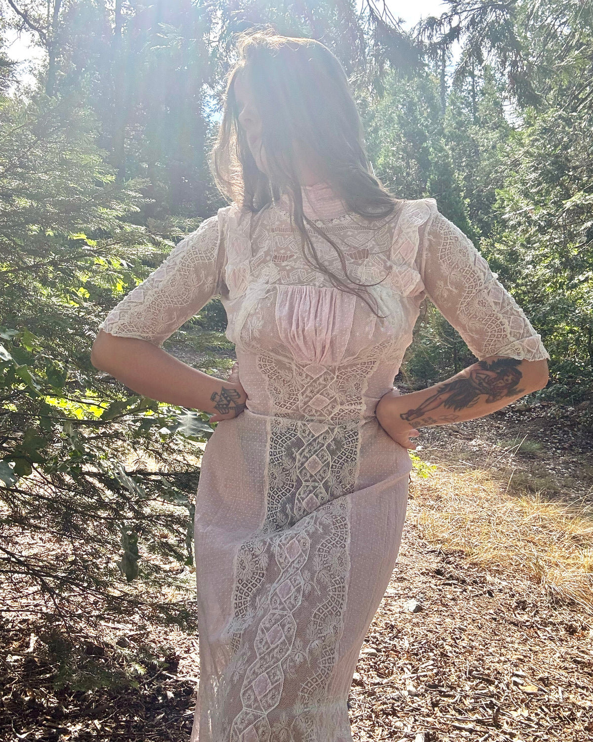 Antique Edwardian Pink Swiss Dot Insertion Lace Tea Gown