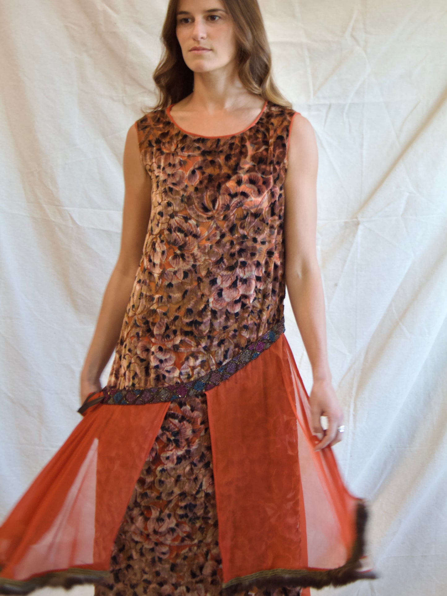 Antique 1920s Autumnal Micro Beaded Devore Velvet & Chiffon Lamé Trim Drop Waist Gown