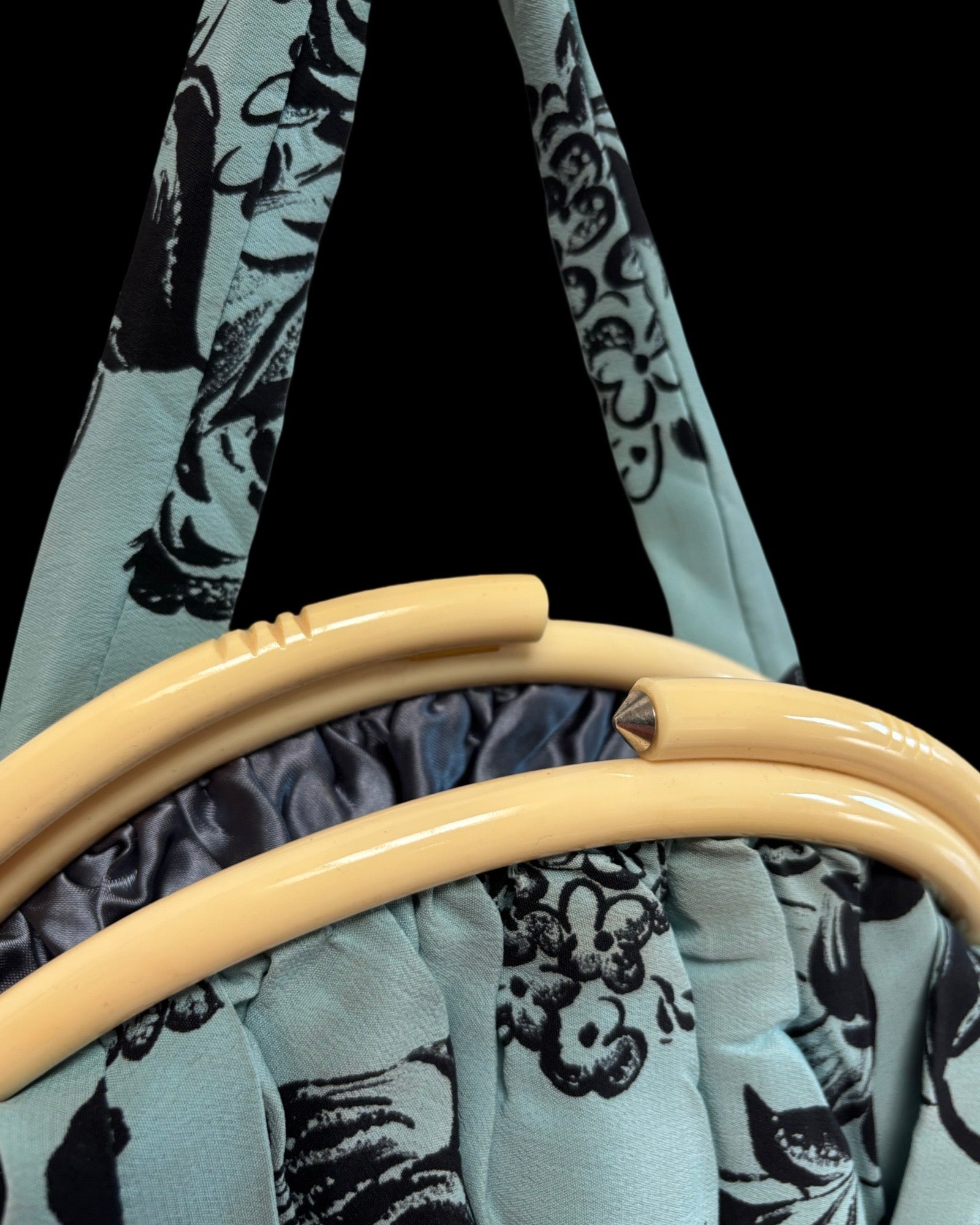 1930s/1940s Printed Aquamarine Blue Silk Celluloid Handbag