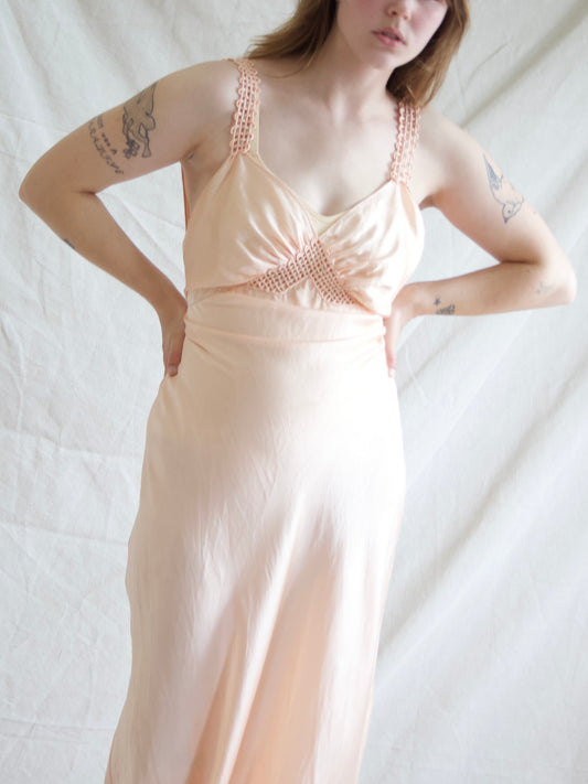 1930s Hand Sewn Woven Strap Bias Cut Silk Midriff Detail Slip Dress