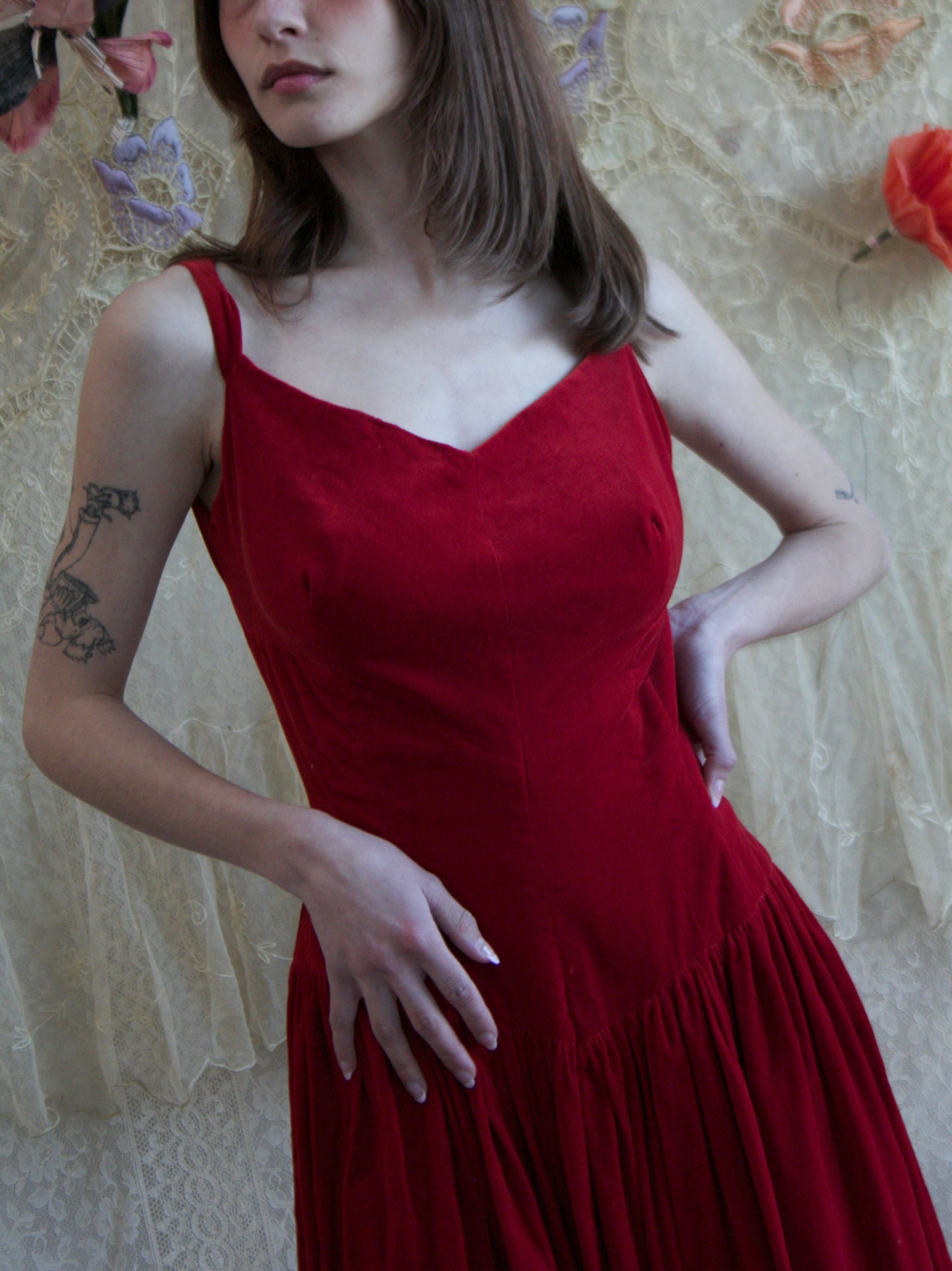 1950s Sweetheart Crimson Velveteen Basque Waist Dress