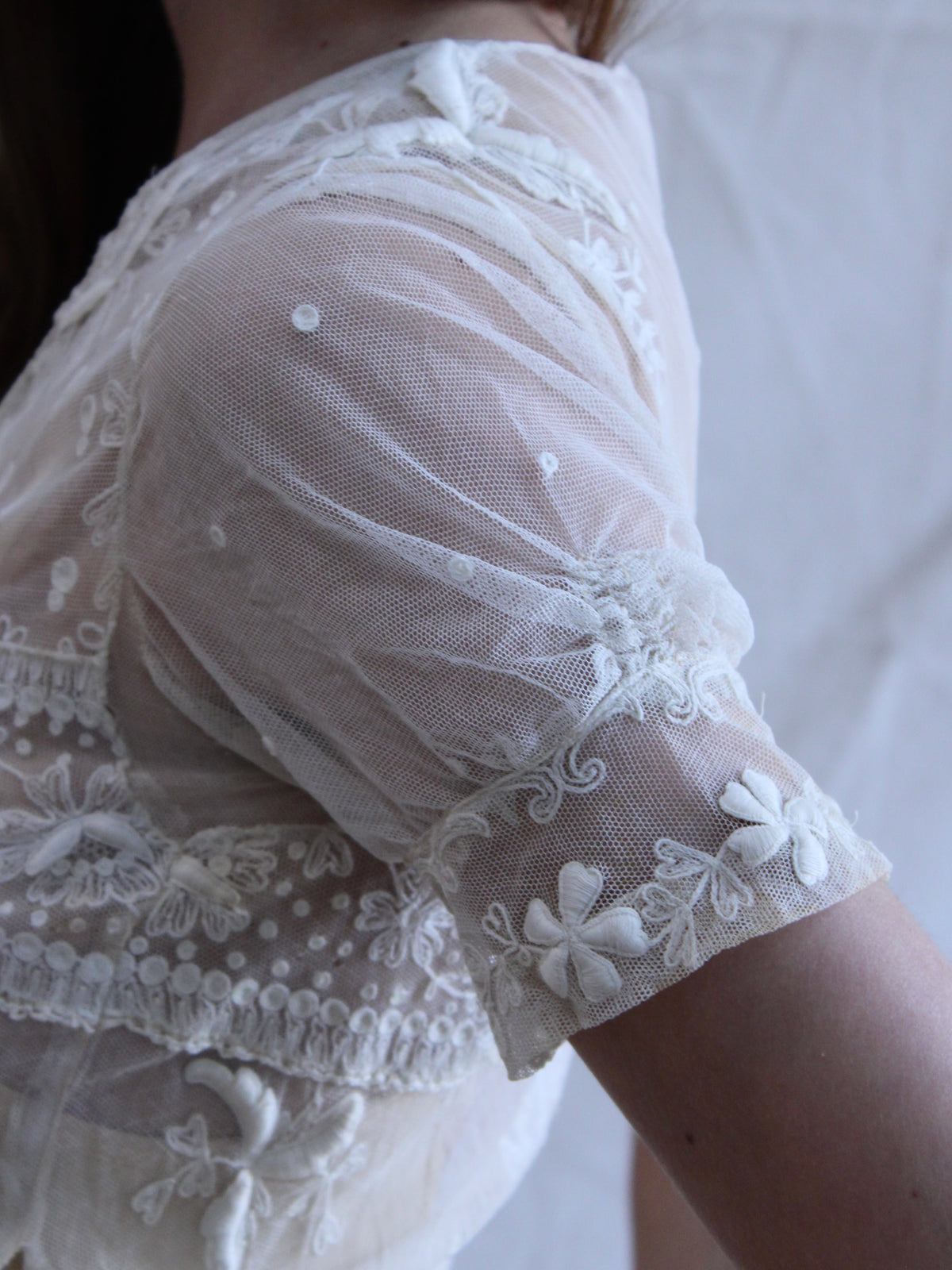 Antique Embroidered Tambour Lace Net Overlay Tea Length Gown