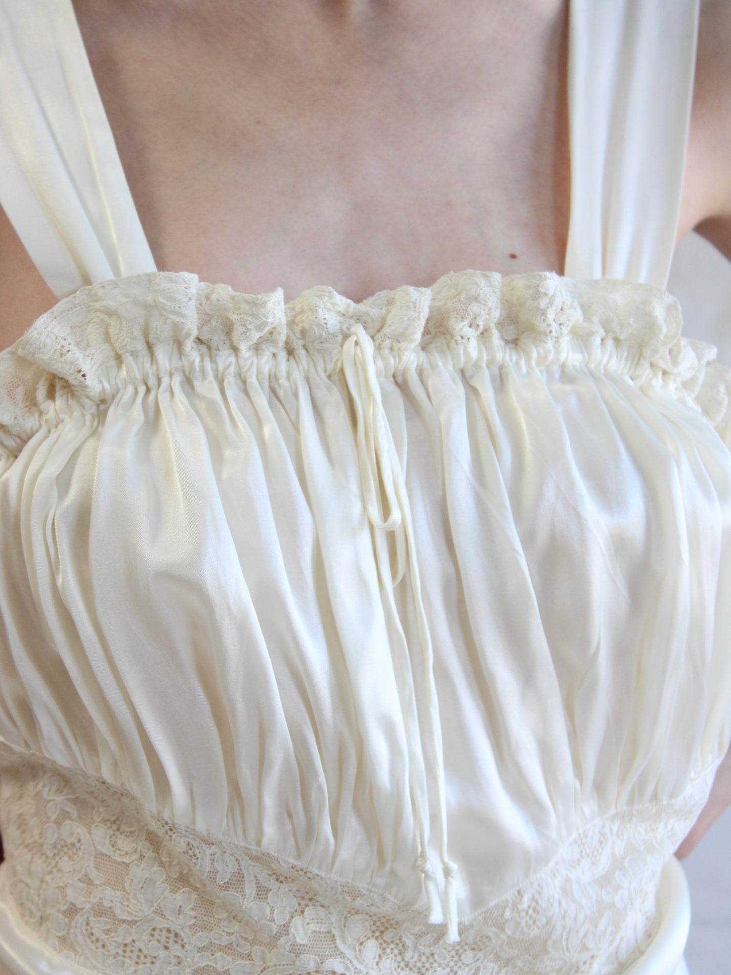 1940s Lace & Ivory Liquid Satin Ruffle Trim Bias Cut Slip Dres