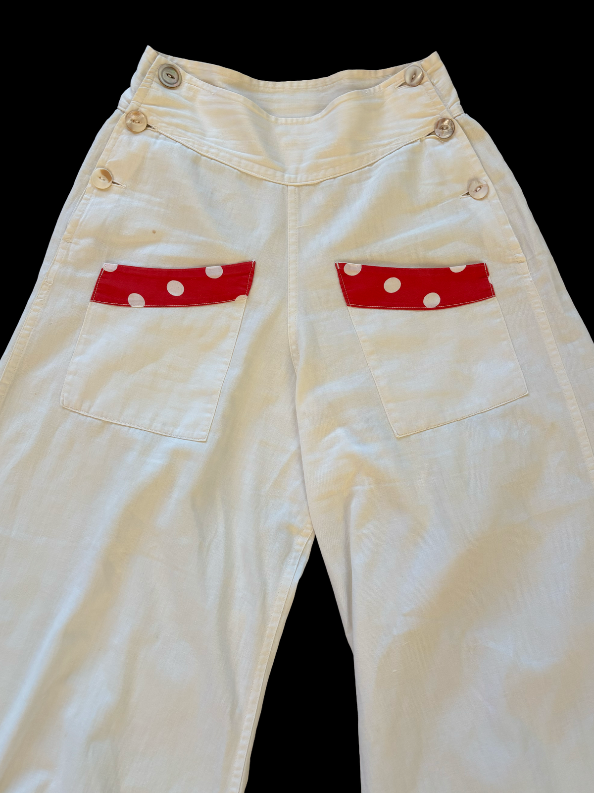 1930s Linen Fall Front Polka Dot Trim Beach Pajama Pants