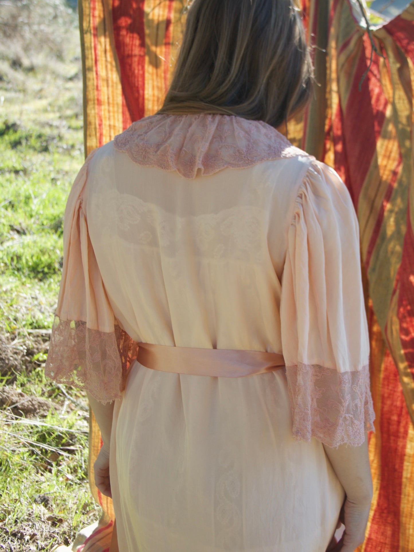 1930s Flutter Sleeve Tambour Lace Trim Wrap Robe