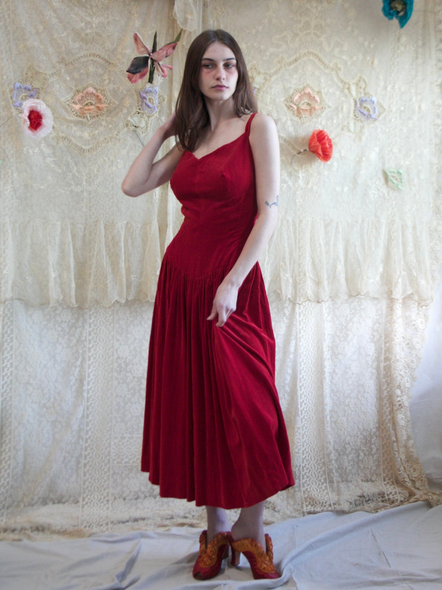 1950s Sweetheart Crimson Velveteen Basque Waist Dress