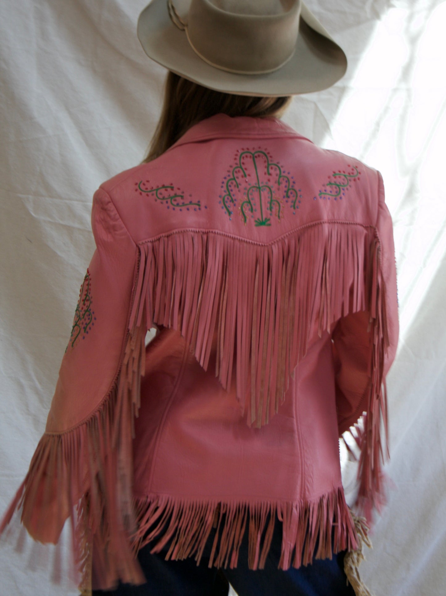 Special 1950s Sun Faded PINK Leather Fringe Western Beaded Jacket