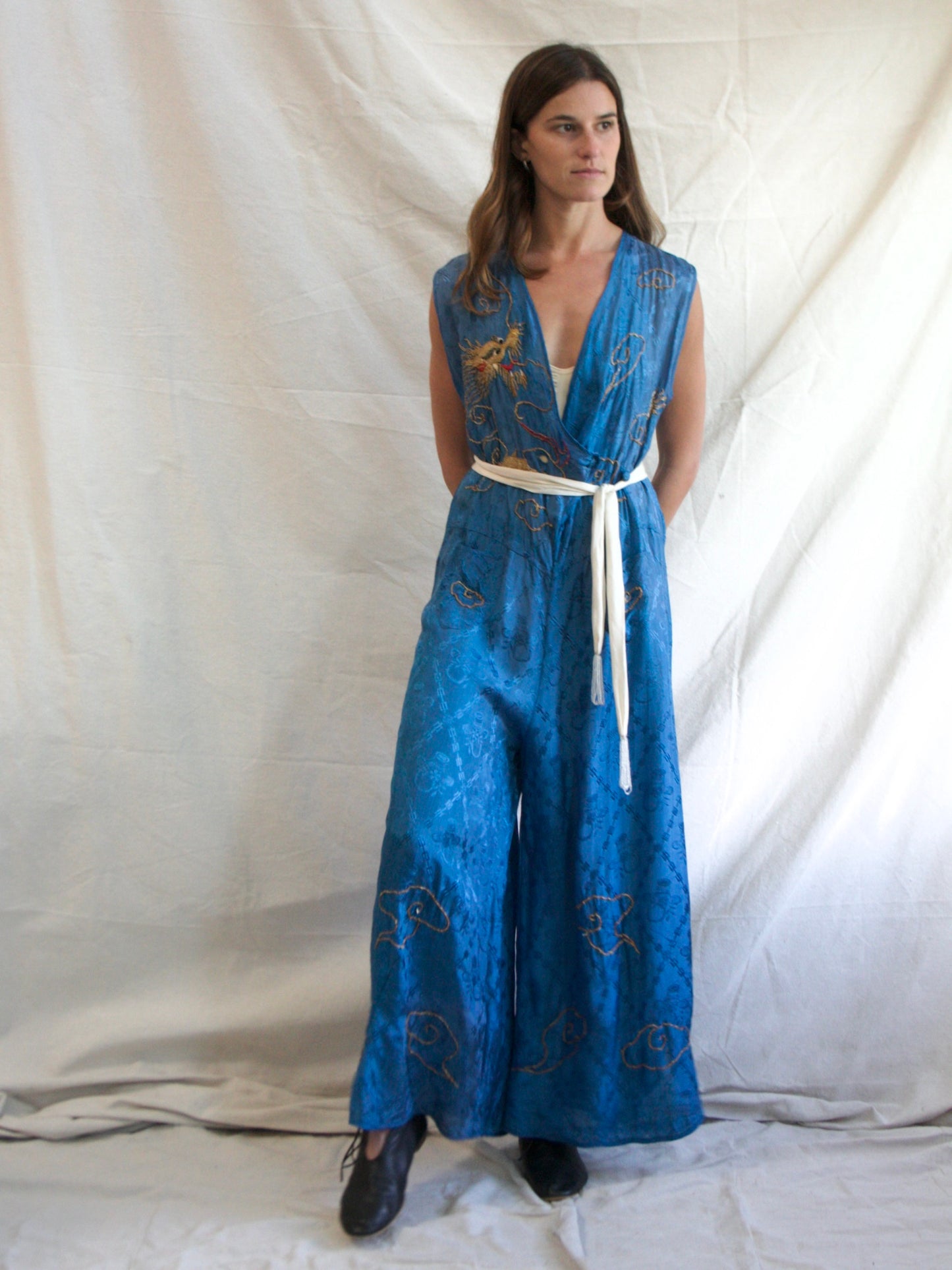 1930s 2 PC Rayon Jacquard Palazzo Pant Jumpsuit with Bullion Couching/ Stumpwork