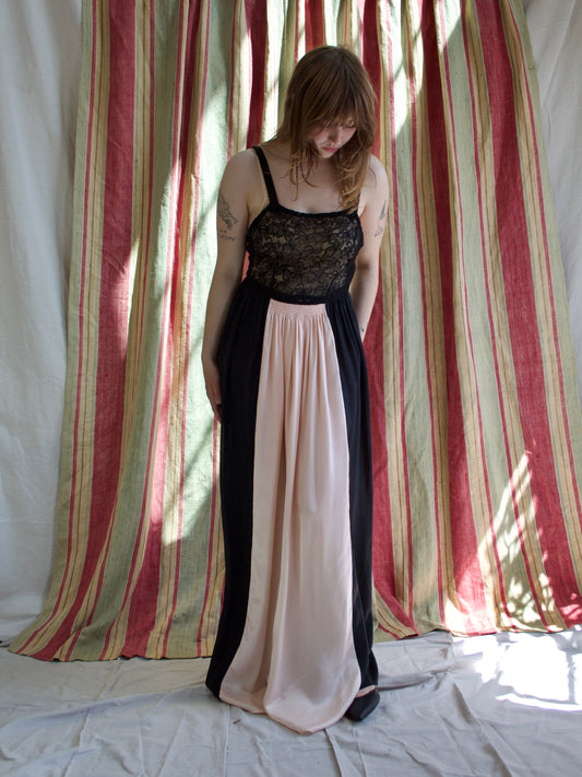 1930s Colorblock Lace & Rayon Satin Slip Dress
