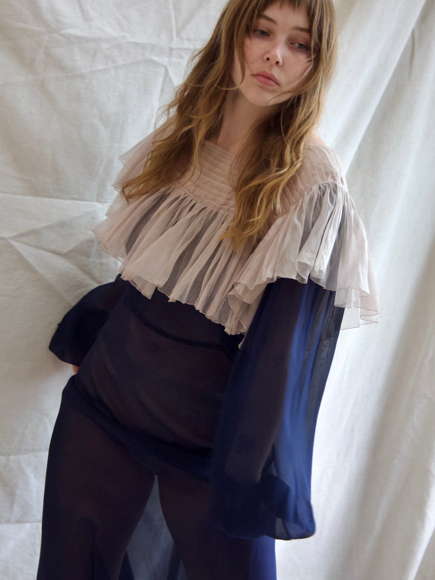 1930s Neckline Flounce Deep Navy Chiffon Bias Cut Bishop Sleeve Gown