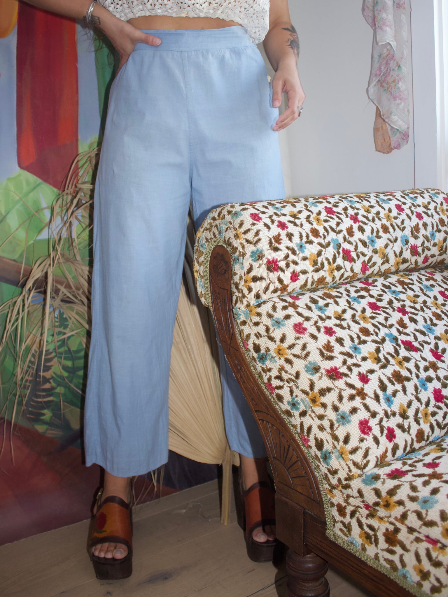 1940s Soft Cotton Chambray Side Button Pants