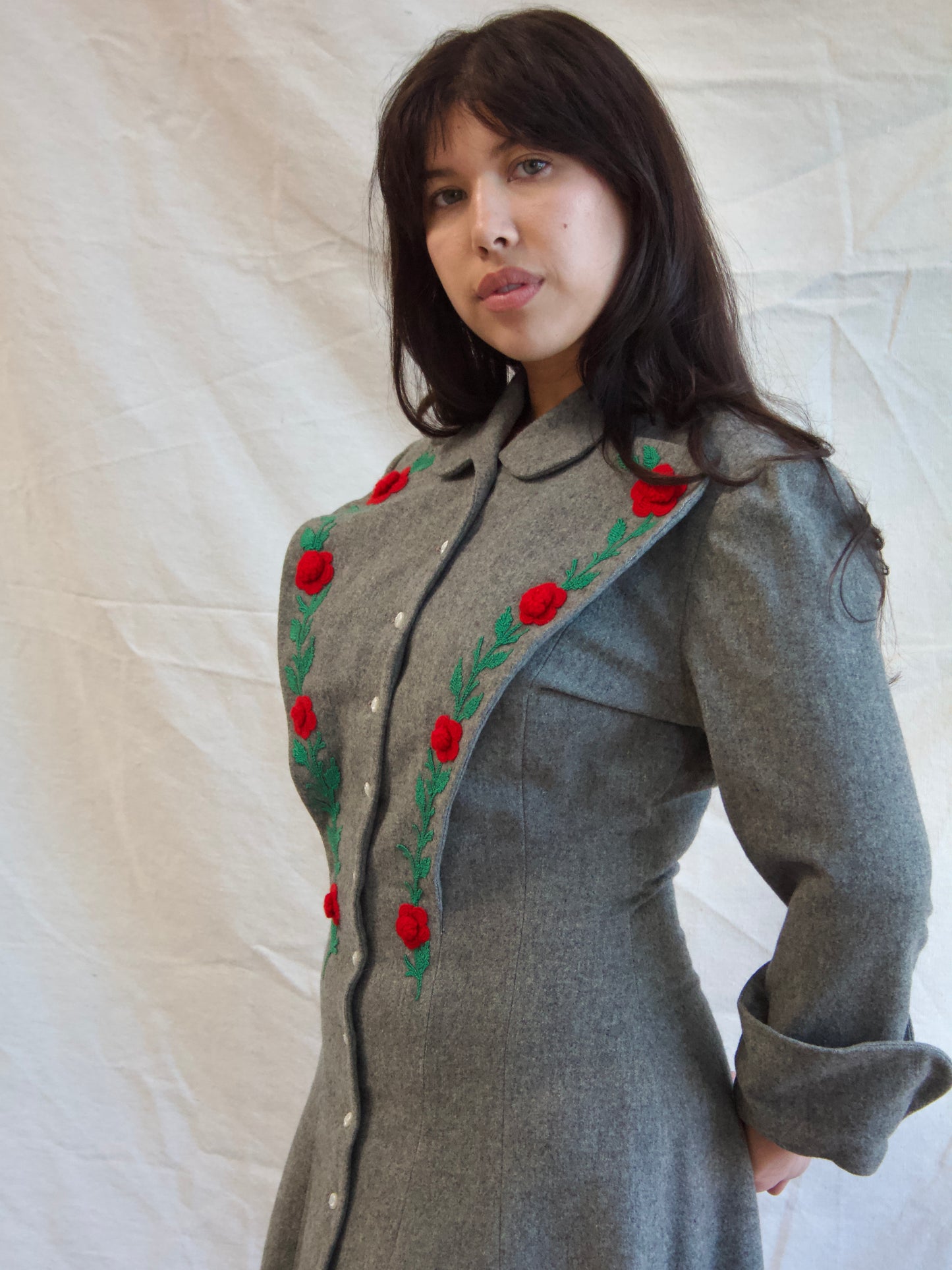 1940s 3D Rose and Embroidered Slate Grey Wool Button Front Dress