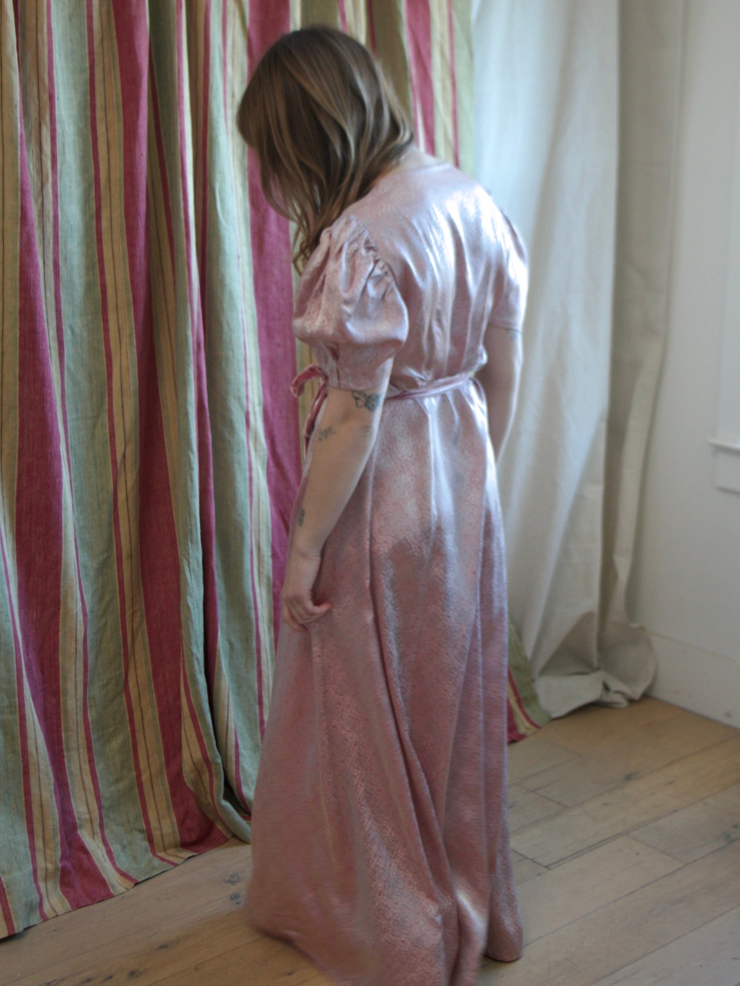 1940s Puff Sleeve Printed Rayon Satin Belted Dress