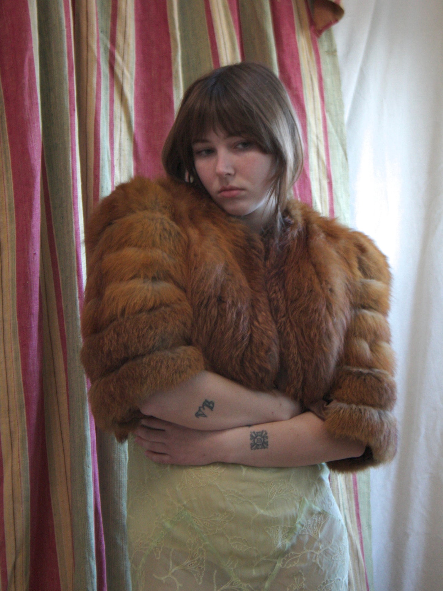 1940s Strong Shoulder Fox Fur & Silk Satin Cropped Jacket