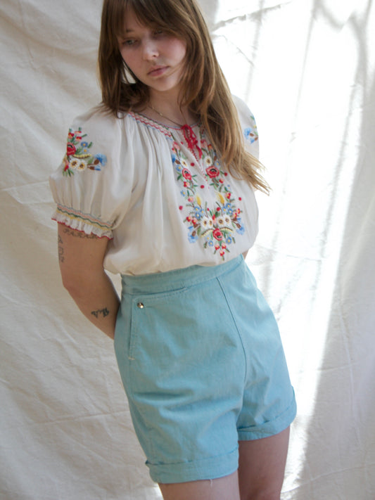 1930s Hand Embroidered Hungarian Silk Crepe Smocked Blouse