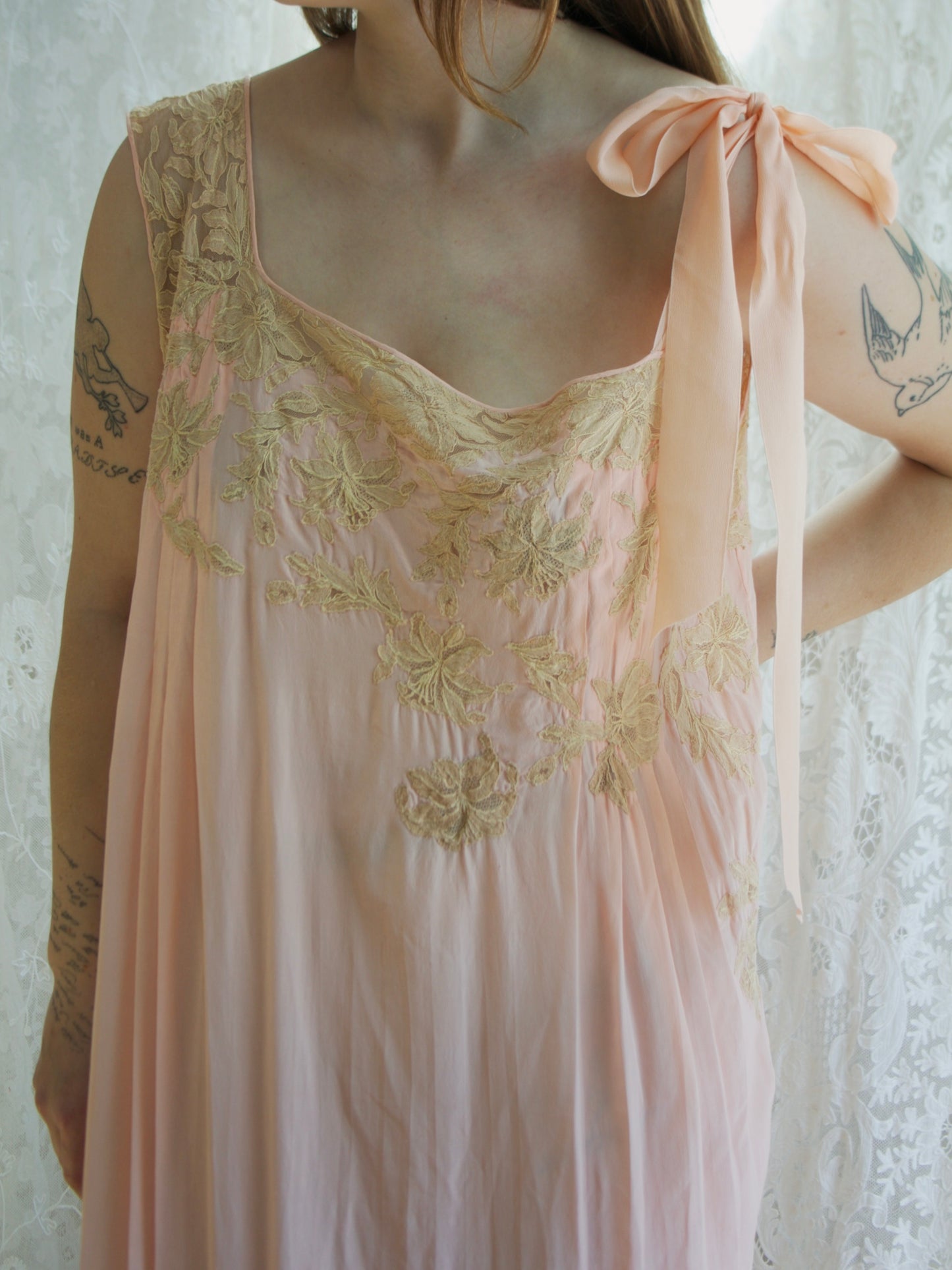 Antique 1920s Inset Ecru Lace Silk Asymmetrical Tie Shoulder Lingerie Gown
