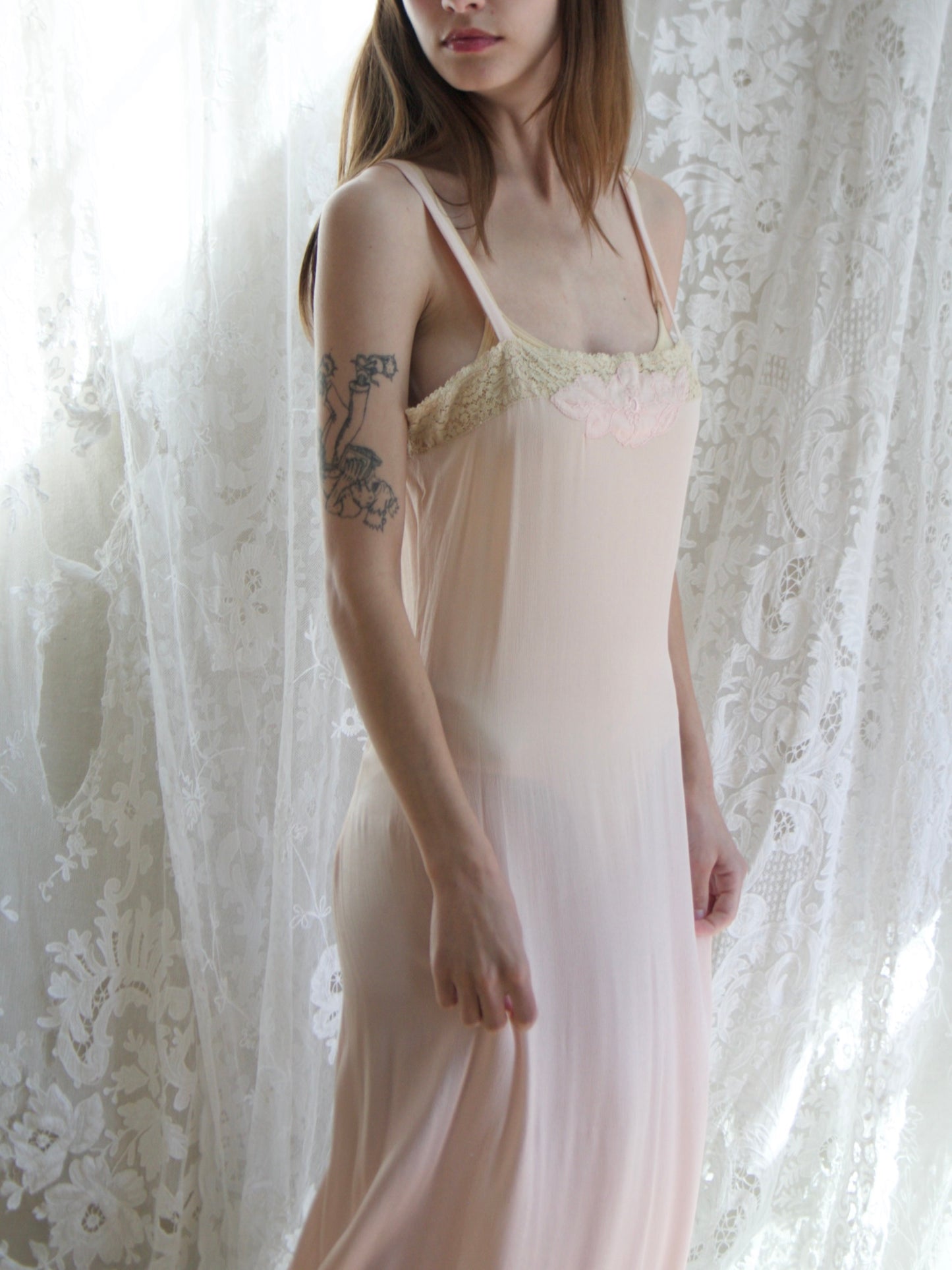 Antique 1920s Silk Crepe Blush Appliquè Slip Dress