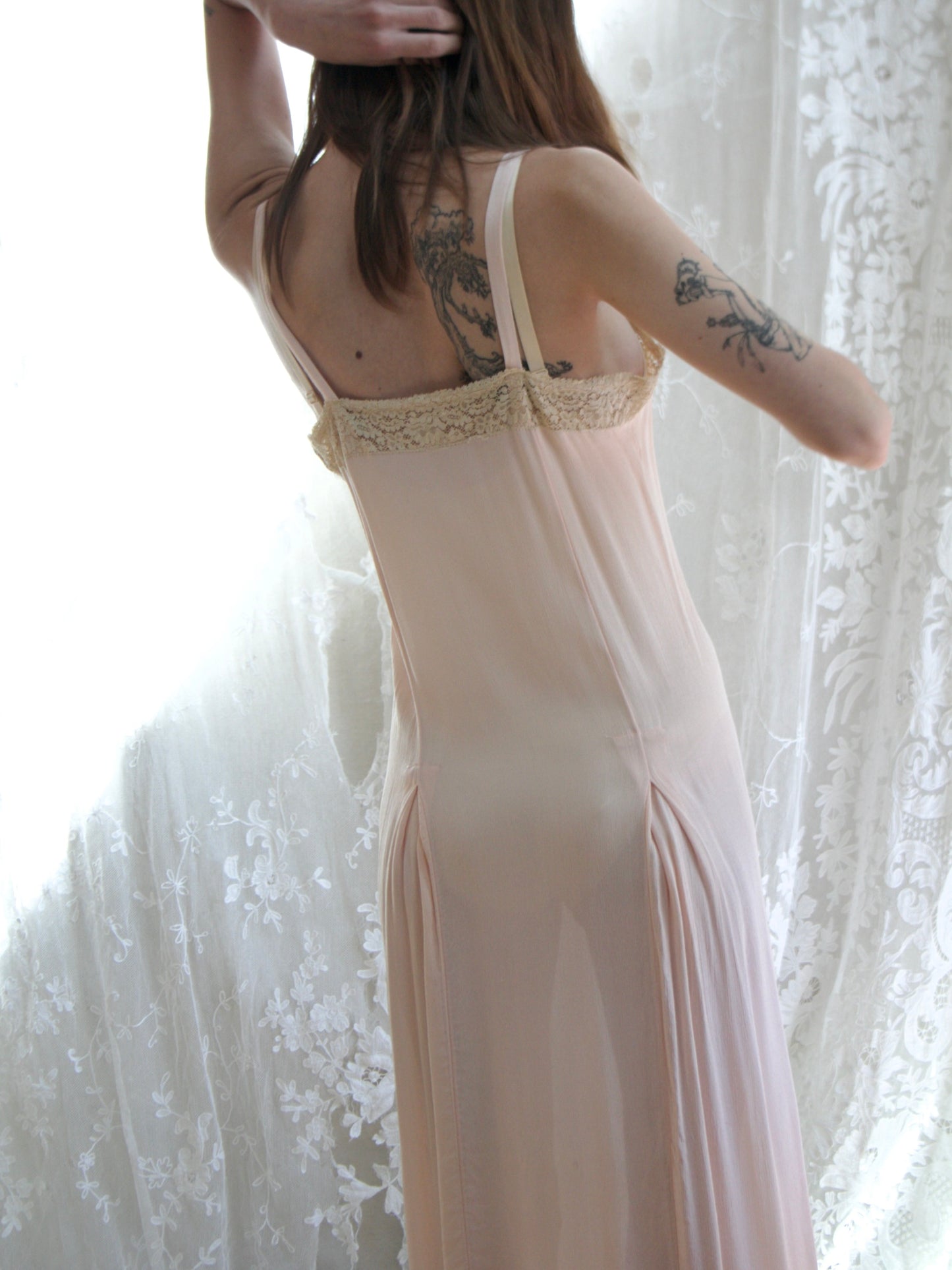 Antique 1920s Silk Crepe Blush Appliquè Slip Dress