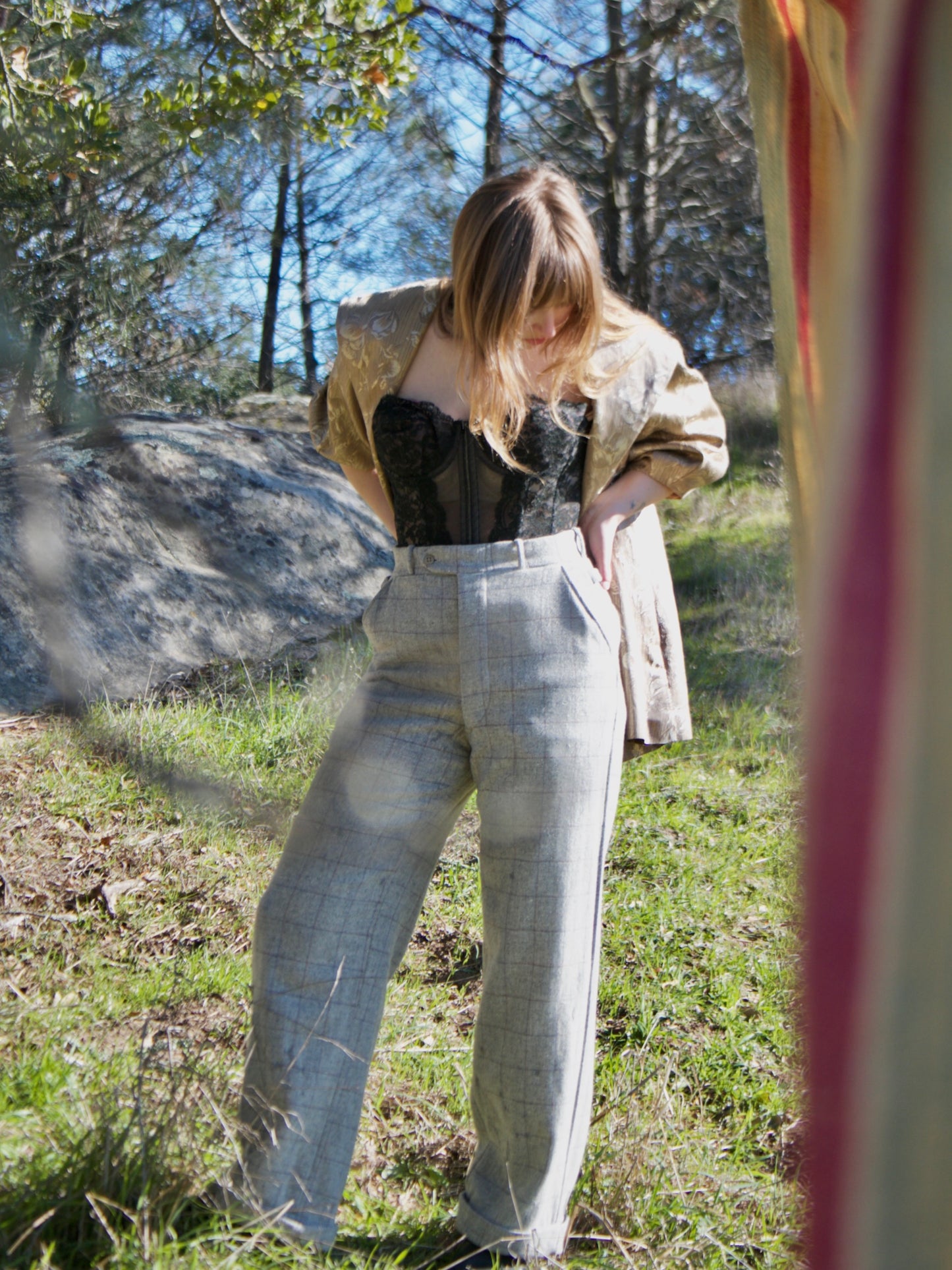 1940s 'Rough Rider' Windowpane Plaid Slate Grey Wool Side Buckle Trousers