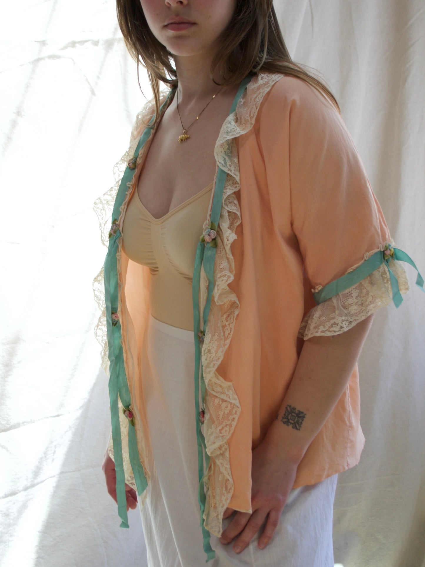 Special 1930s Silk Crepe Lace Trim Boudoir Jacket W* Rosettess/Ribbons