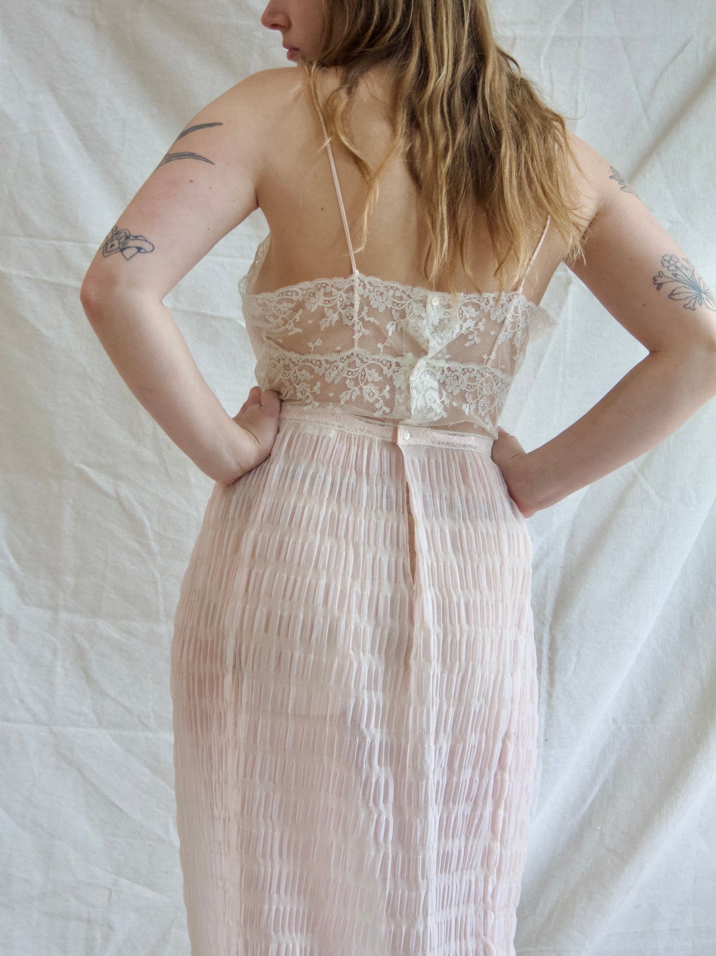 1940s I.Magnin Pale Pink Nylon & Lace Silk Satin Slip Dress