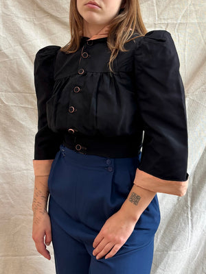 Rare Early 1940s Taffeta Two Tone Hooded Cropped Puff Sleeve Blouse