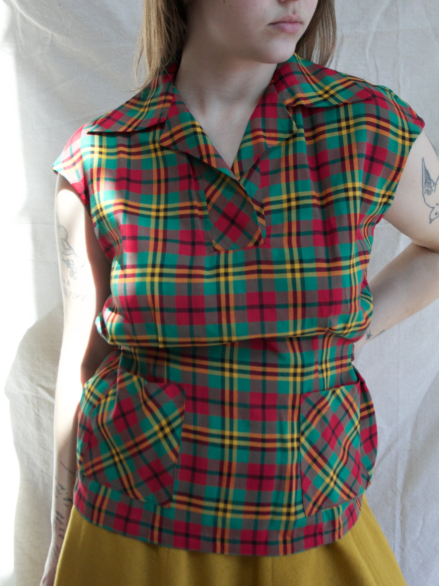 1940s Tartan Side Buckle Vest Blouse