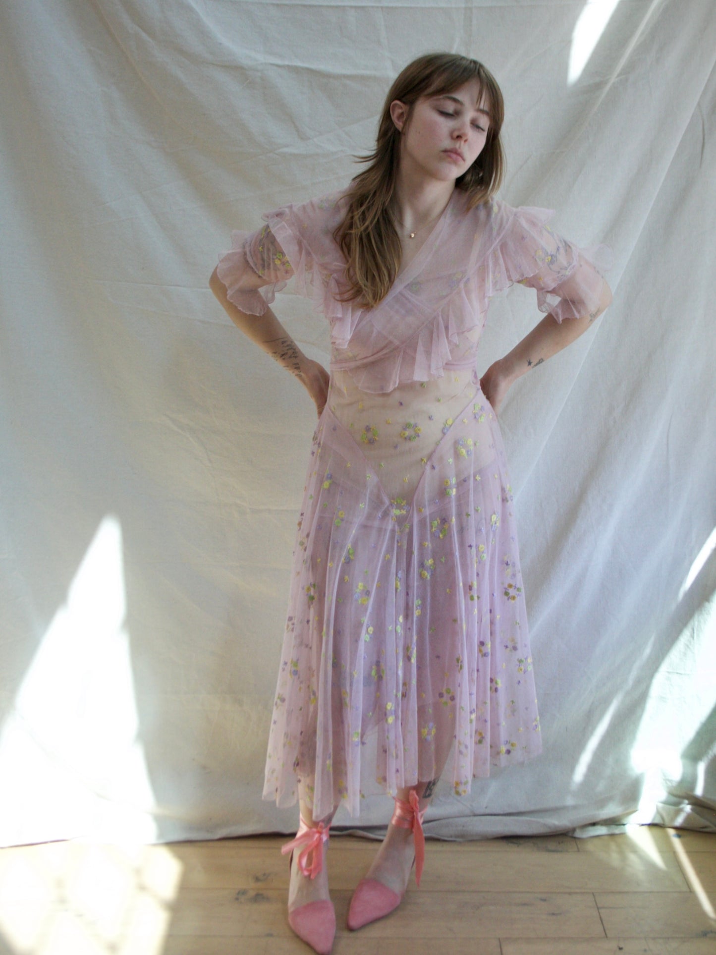 1930s Deco Springtime Embroidered Lavender Tiered Net Dress