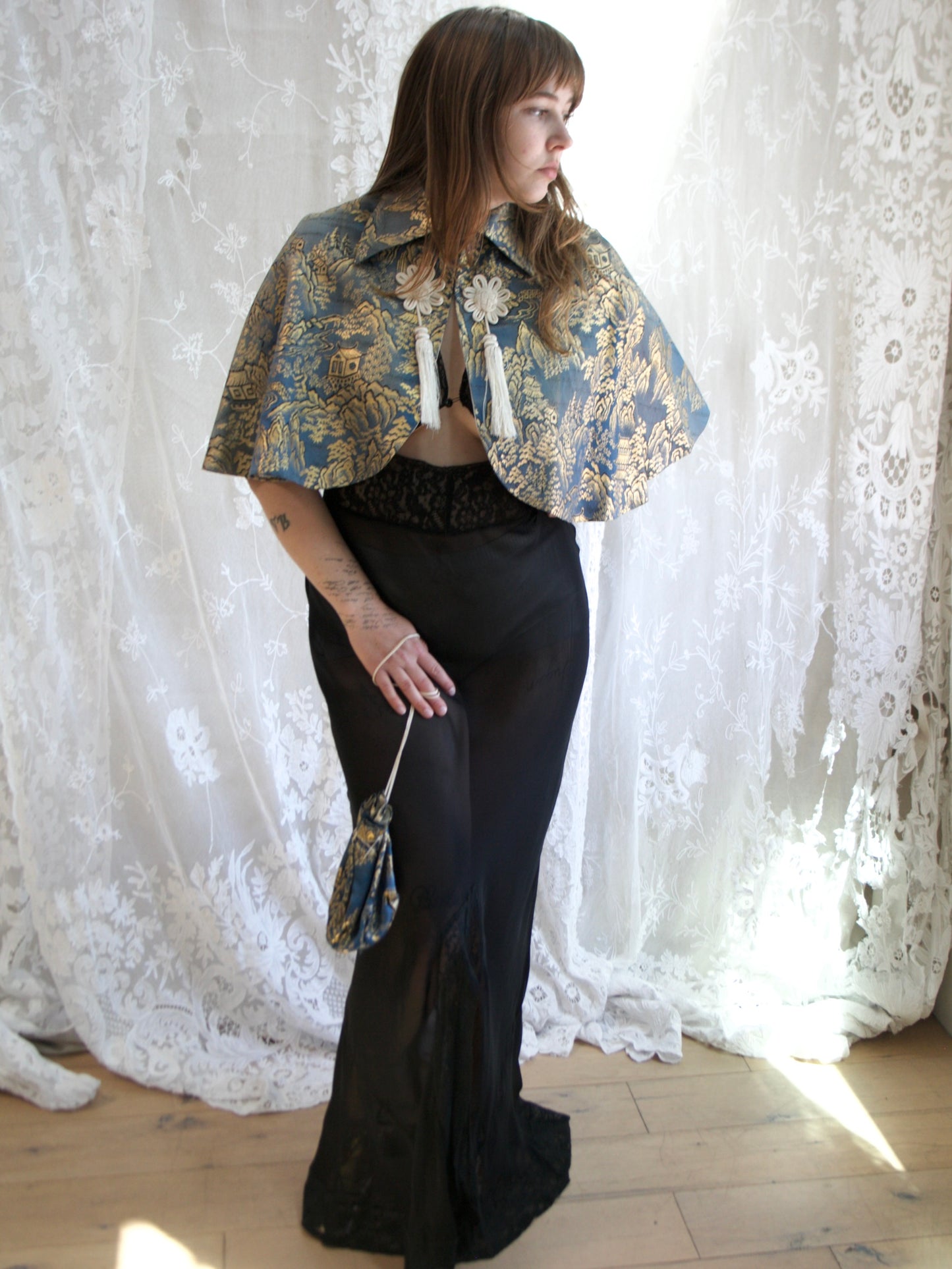 1940s Silk Satin Damask Capelet + Matching Purse
