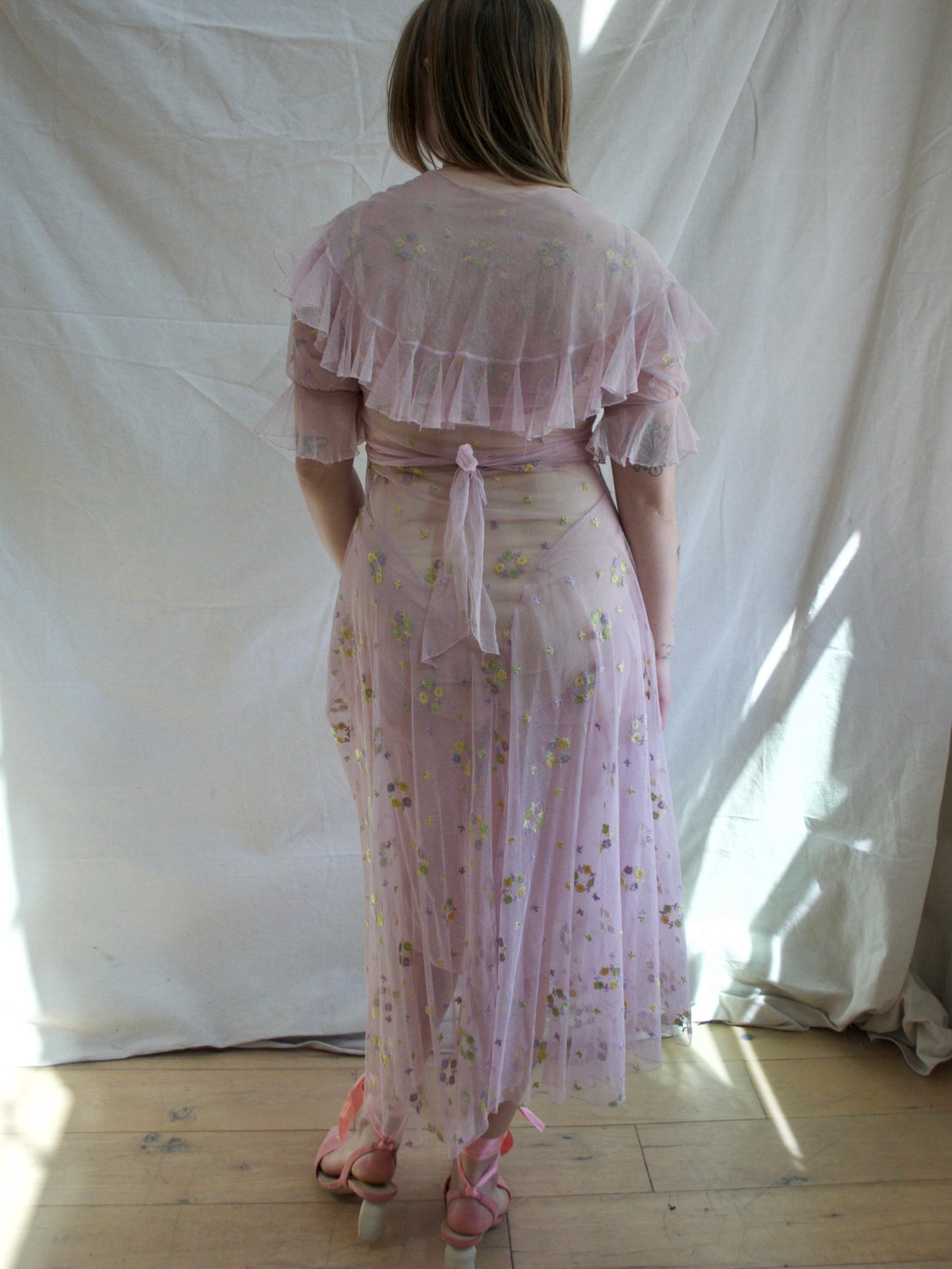 1930s Deco Springtime Embroidered Lavender Tiered Net Dress