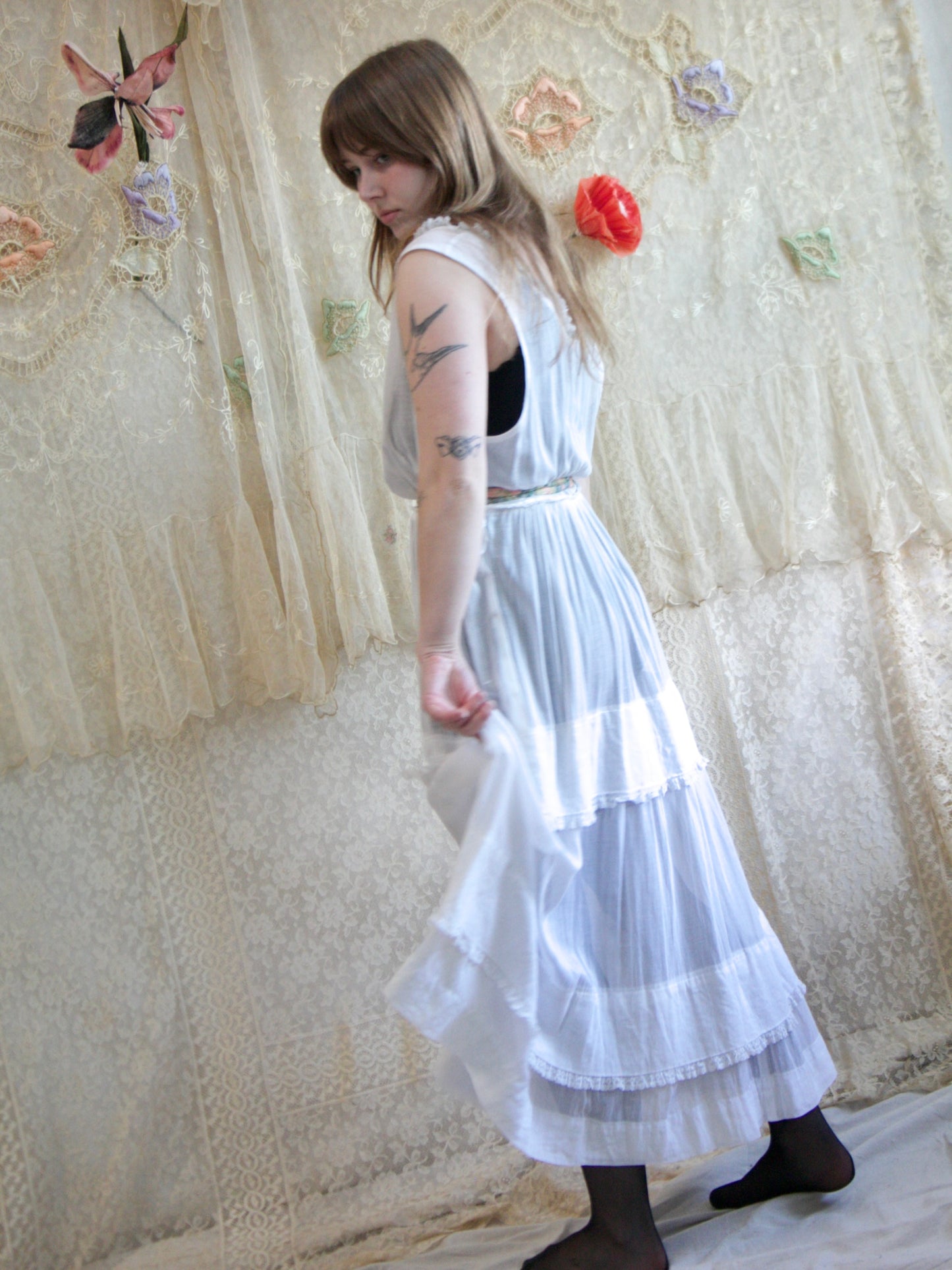 1920s Cotton Lawn Lace Trim Tiered Dress