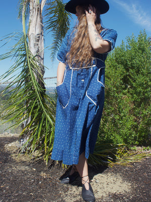 1920s Indigo Calico Belted Workwear Dress