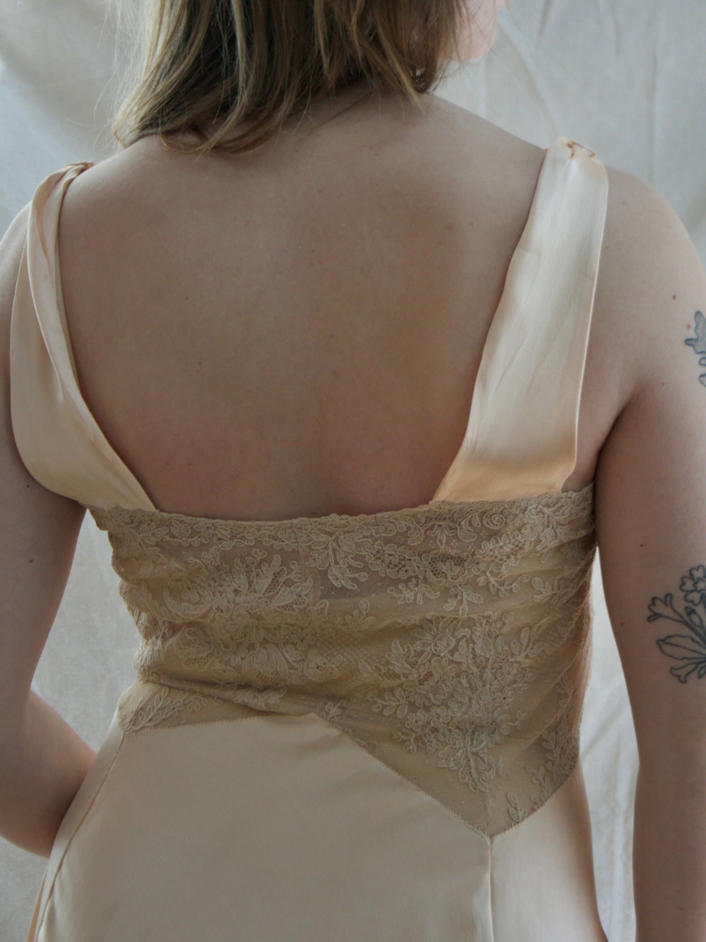 1930s Blush Pink Silk Ecru Lace Bias Cut Slip Gown