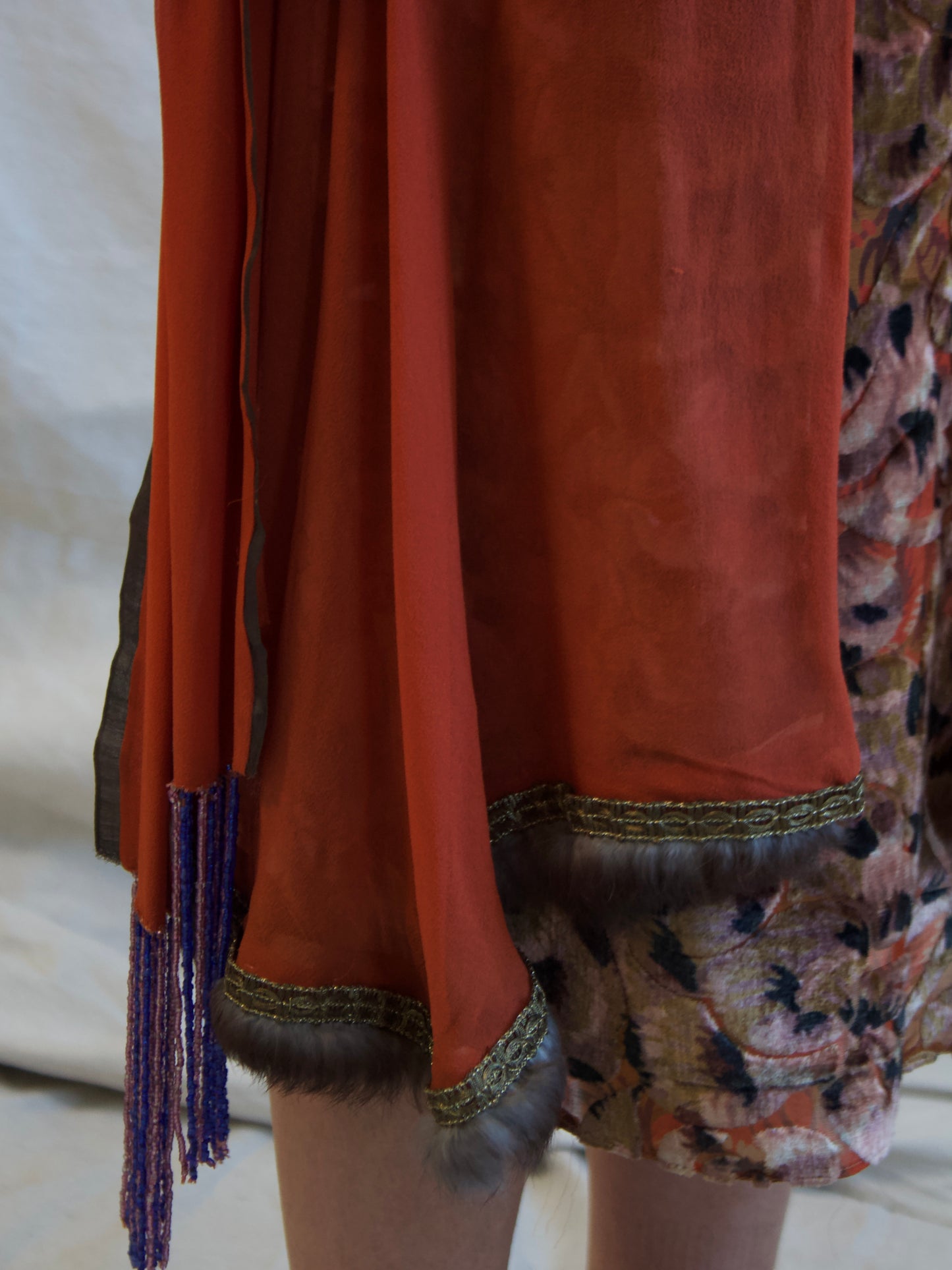 Antique 1920s Autumnal Micro Beaded Devore Velvet & Chiffon Lamé Trim Drop Waist Gown