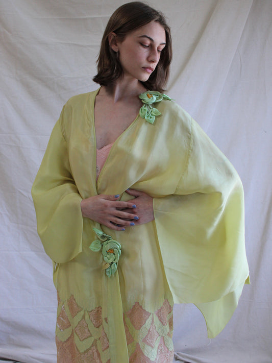 Antique 1920s Vibrant Chartreuse Silk Ribbon-work Kimono Sleeve Boudoir Robe
