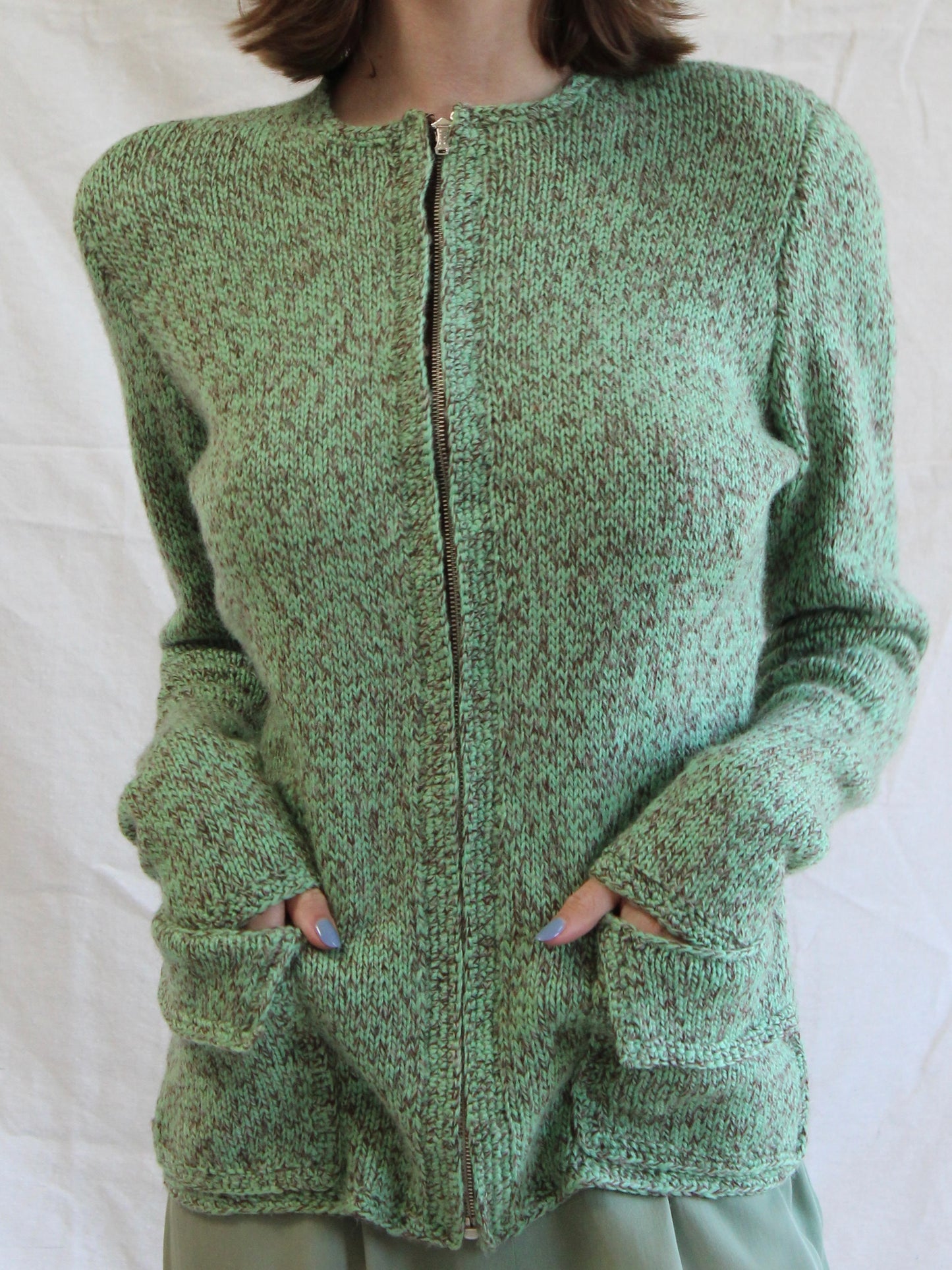 1940s Crown Zip Front Peaked Shoulder Wool Cardigan
