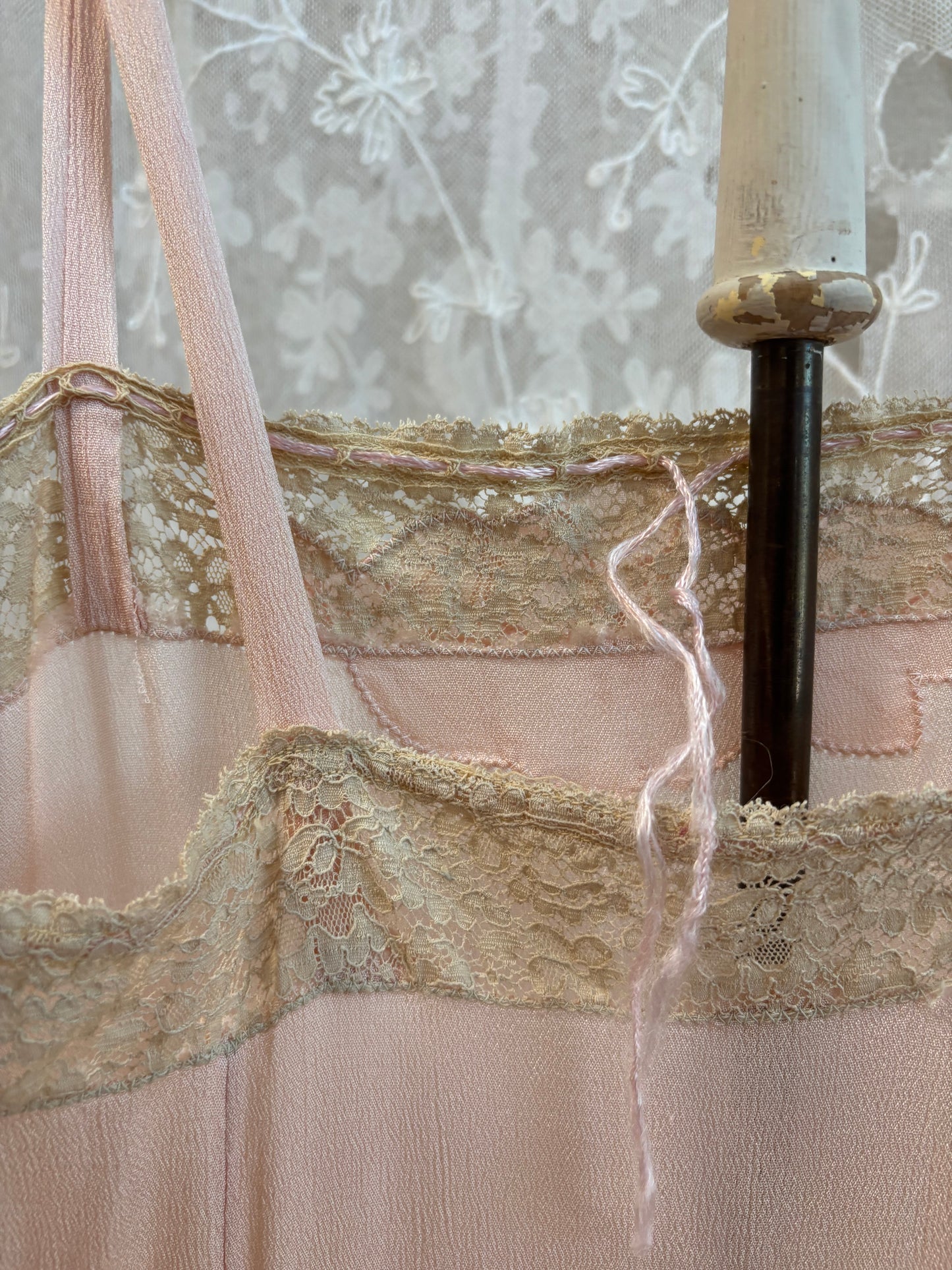 Antique 1920s Silk Crepe Blush Appliquè Slip Dress