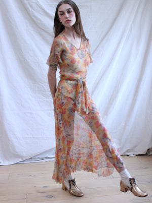 1930s Floral Chiffon Flutter Sleeve 2 PC Dress