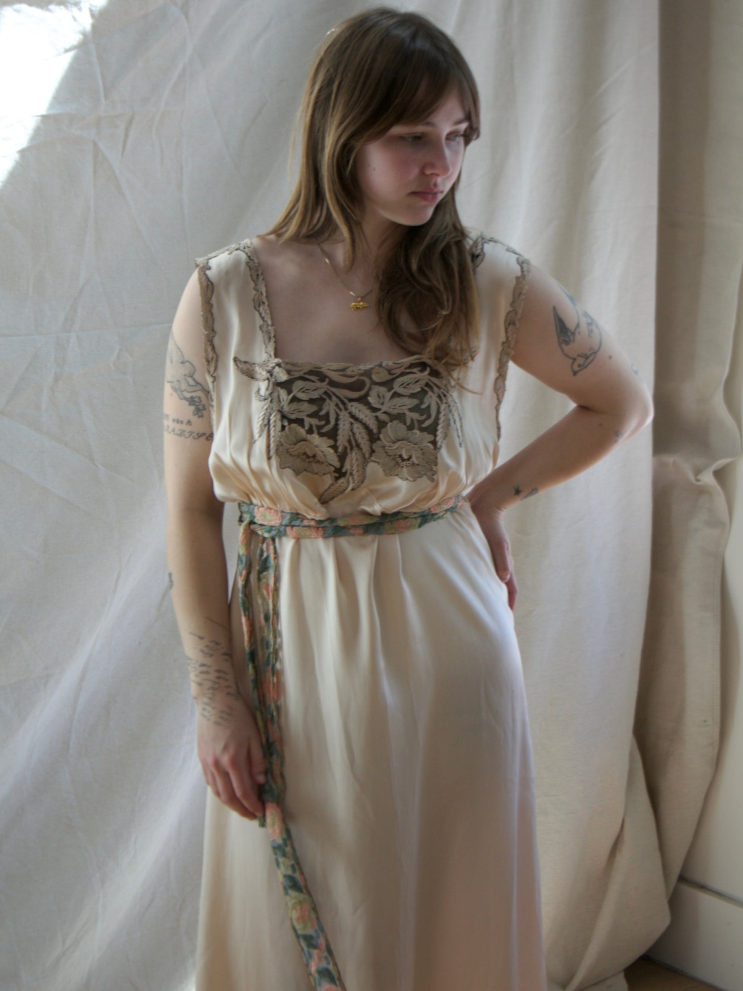 1930s Champagne Silk Inset Lace Low Back Slip Dress