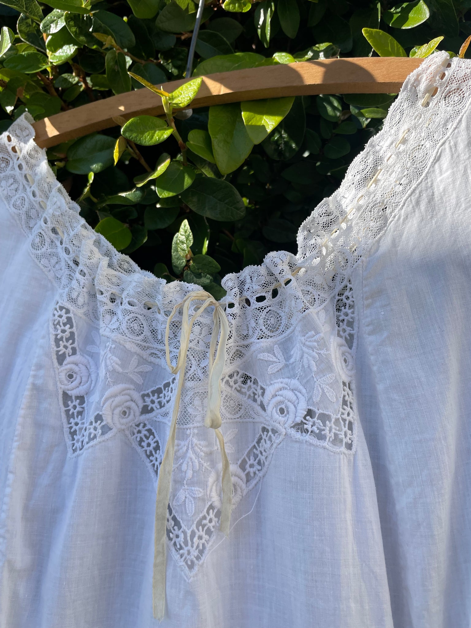 Edwardian Cotton & Silk Tie Lace Yoke Midi Length Dress