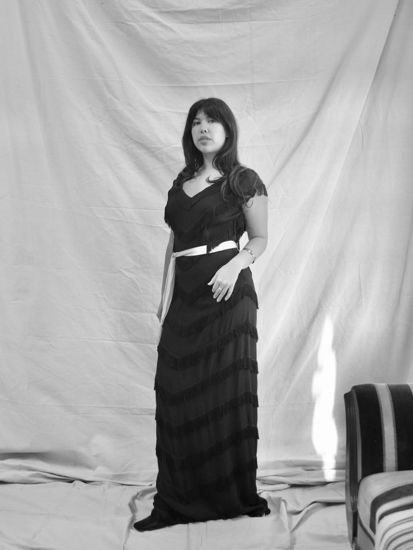 1940s Rayon Crepe Fringe Trained Gown