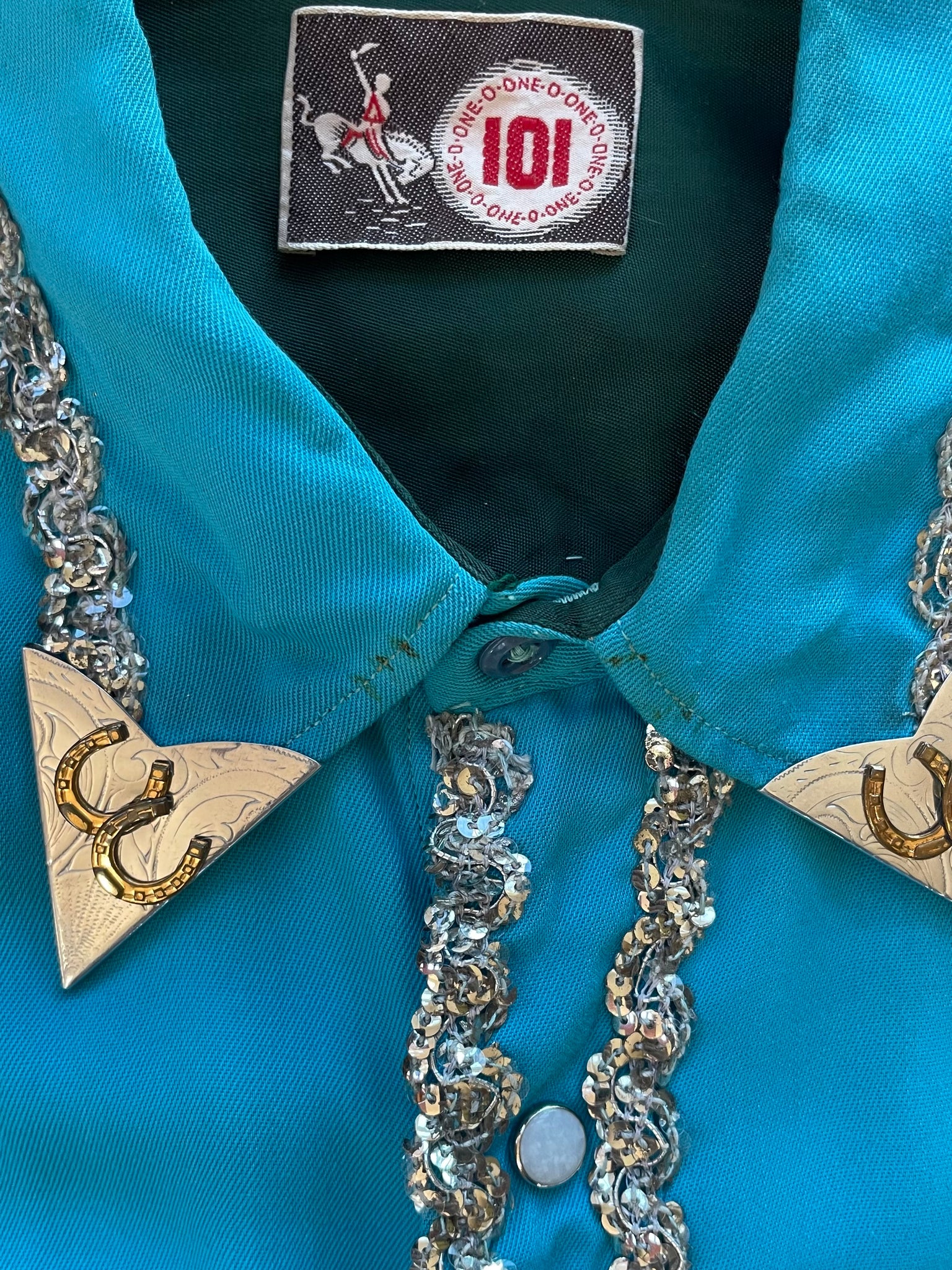 1950s Lee 101 Electric Turquoise Sequin Embellished Western Two Piece Suit W* Bow Clip