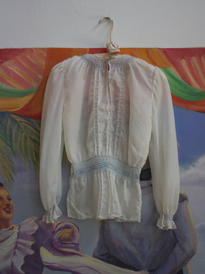 1940s Embroidered Parachute Silk Smocked Folk Blouse