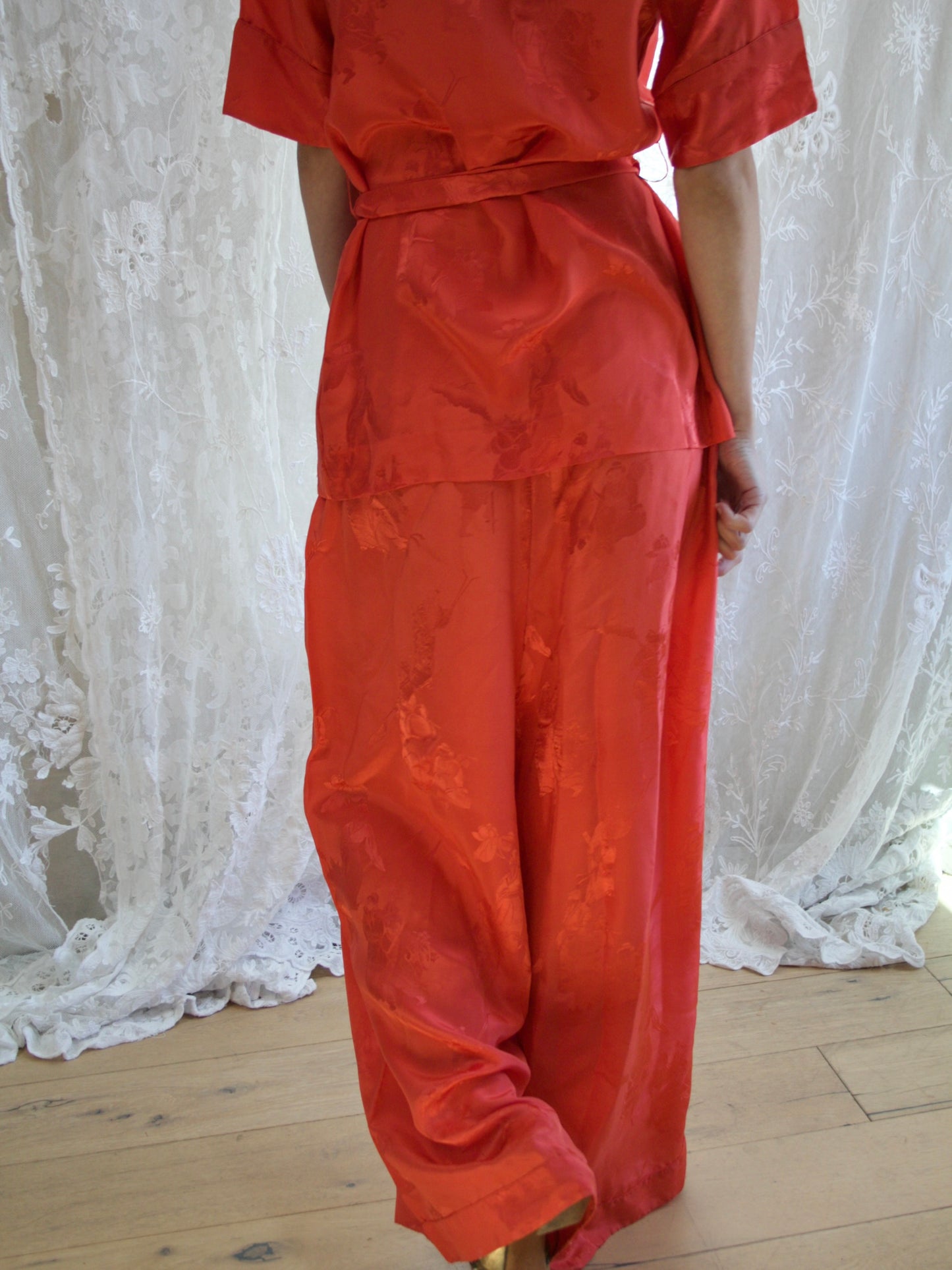 1940s Chinese Silk Jacquard 3 Piece Loungewear Ensemble