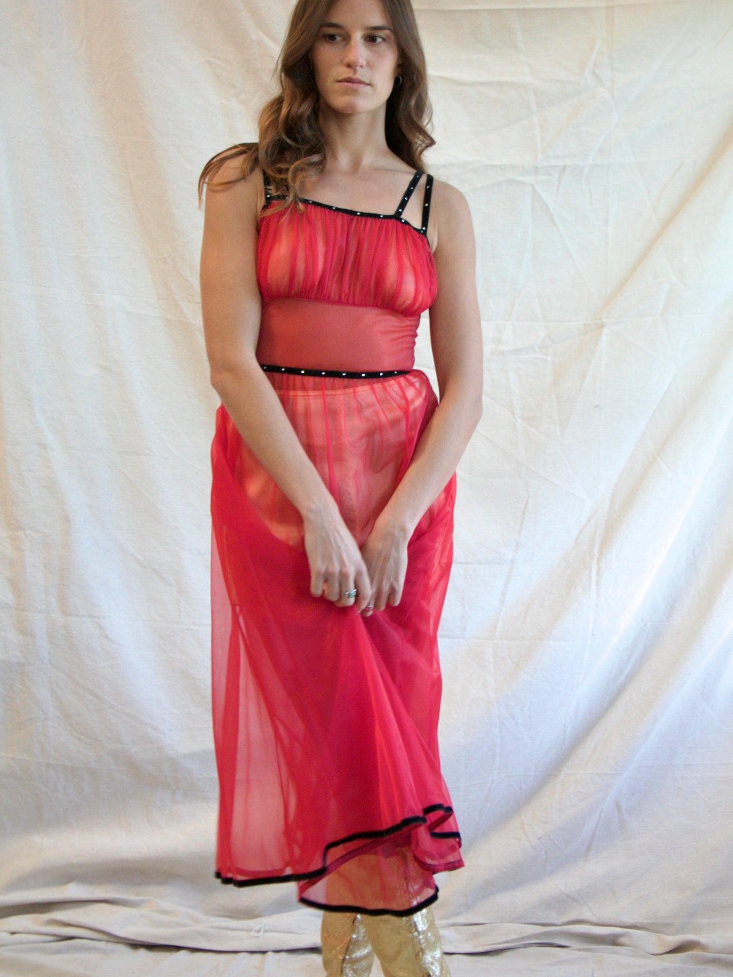 1950s Cherry Red Nylon Faux “Studded” Velveteen Trim Slip Dress