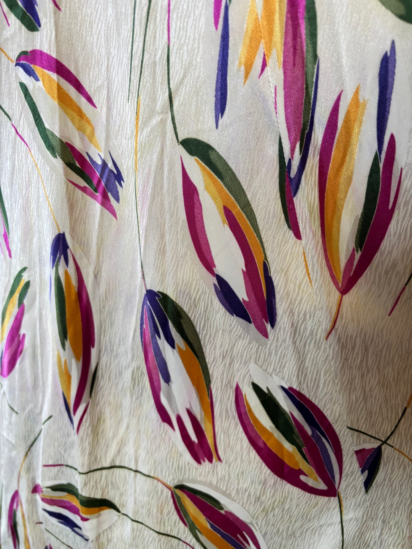 1930s Painterly Tulip Print Heavy Silk Tie Waist Trained Gown