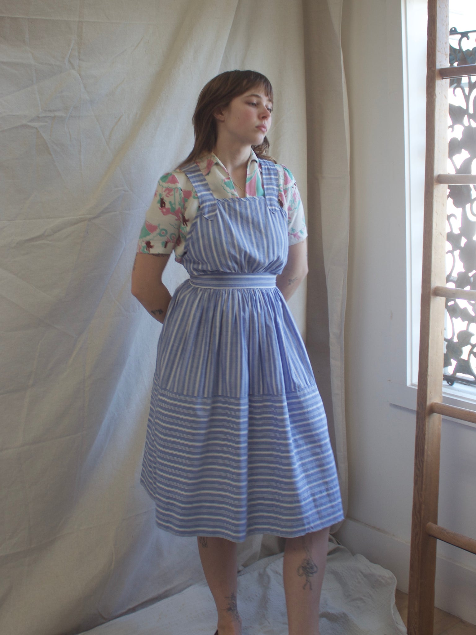 1940s Striped Chambray Blue Cotton Pinafore Button Back Dress