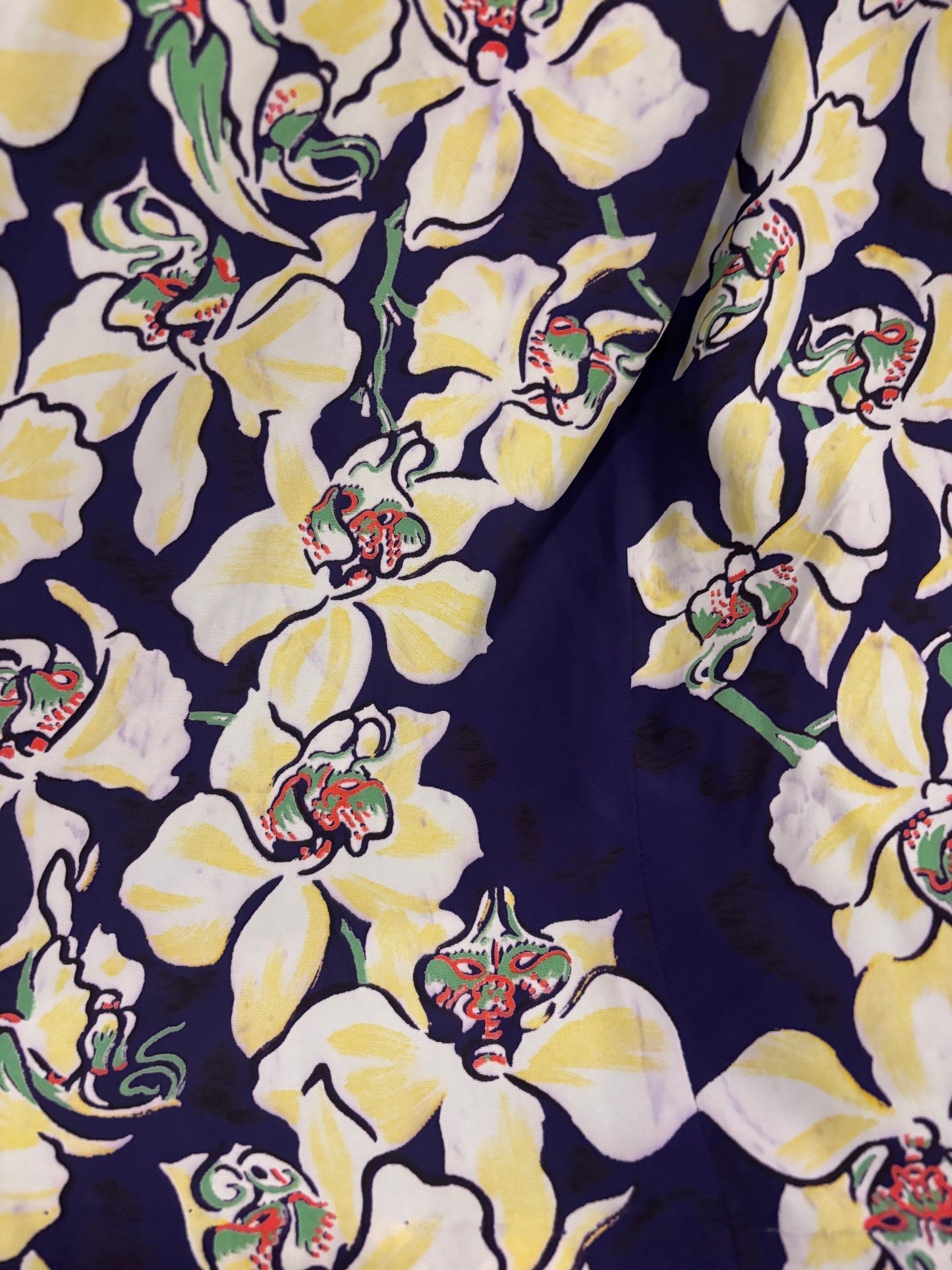 1940s Vibrant Cold Rayon Hawaiiana Ruched Mid Length Dress
