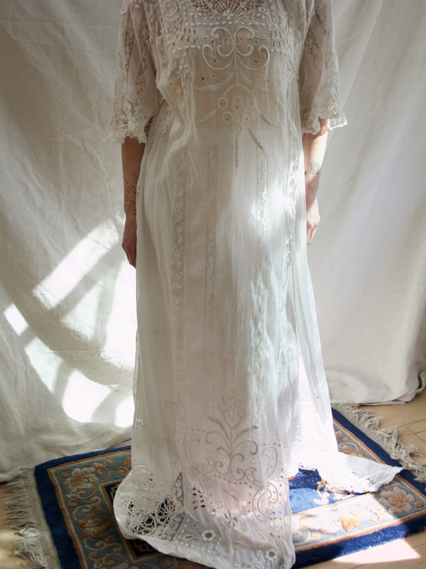 Special Antique Edwardian Whitework Batiste Cotton Crochet Lace Troussea Gown
